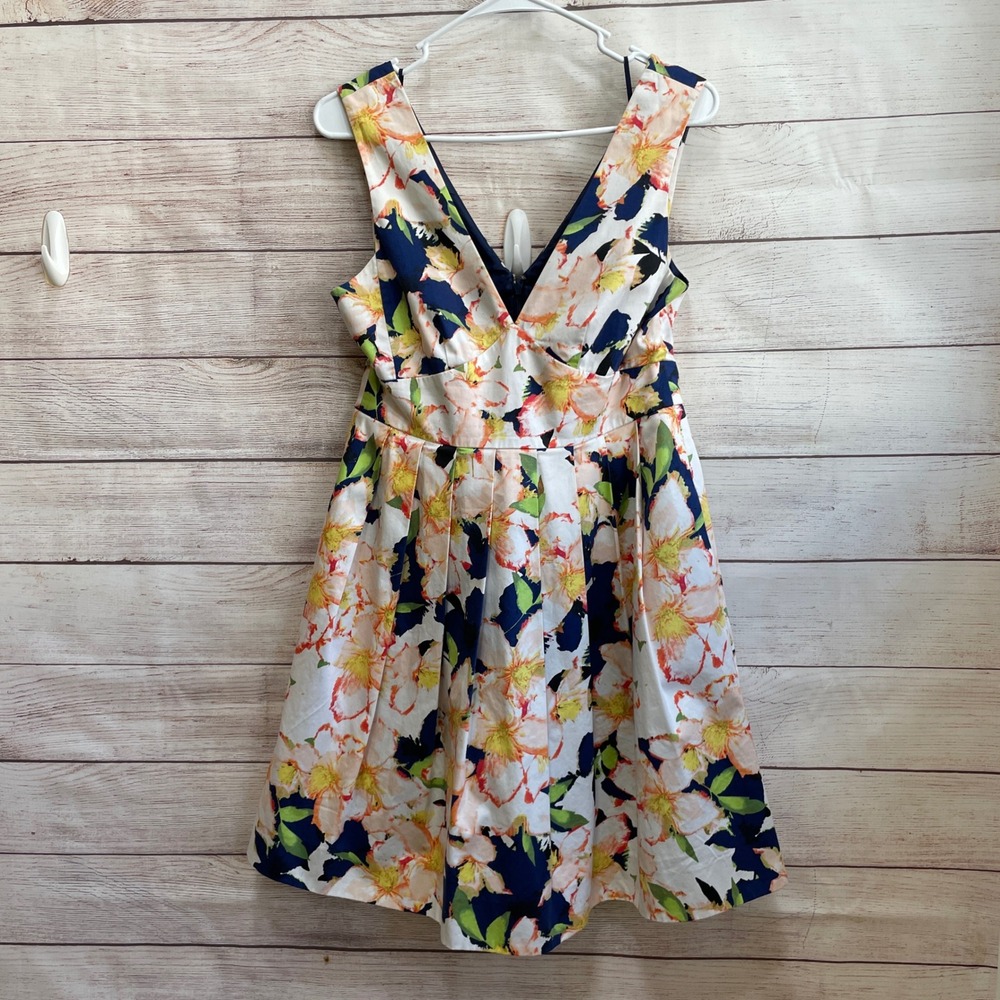 J CREW VNECK FIT AND FLARE DRESS IN BLUE FLORAL SATEEN